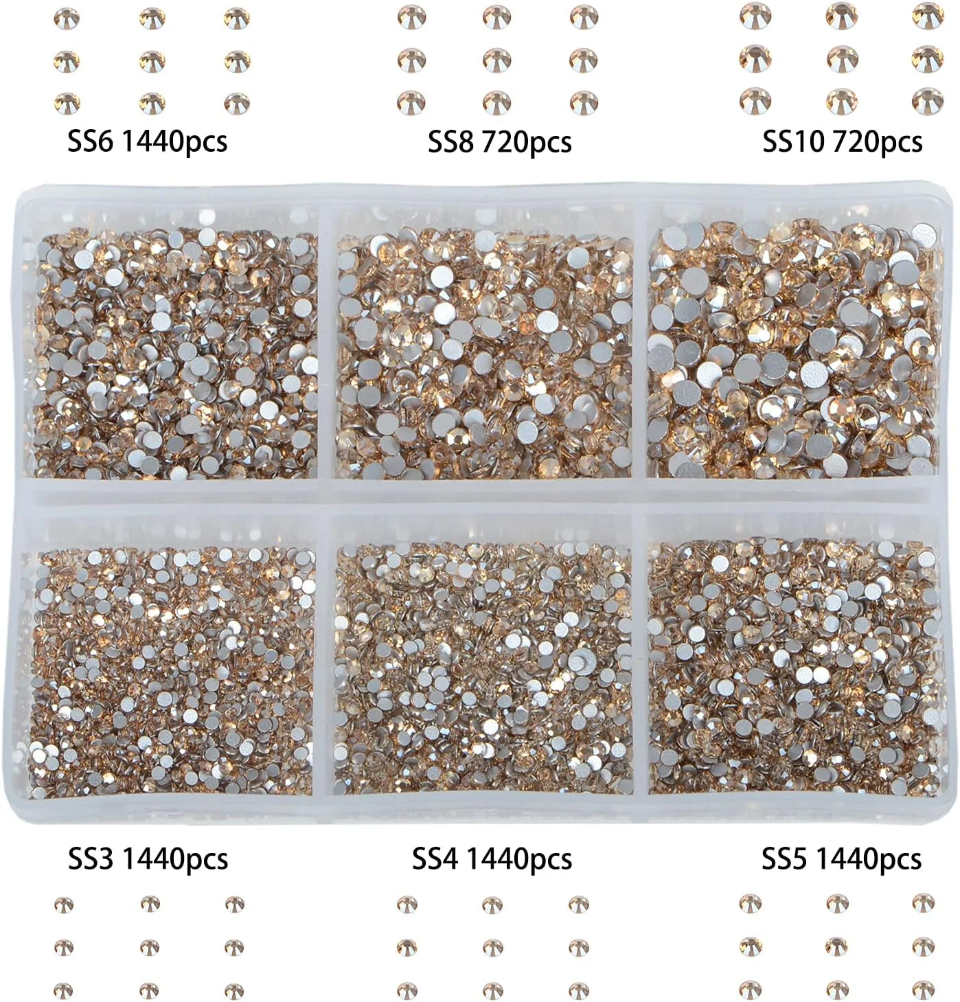 Bymitel 7200 Pieces 6 Mixed Sizes Glue Fix on Glass Rhinestones Round Crystal Gems Flatback for DIY Jewelry Making with one Picking Pen(6-Sizes 7200PCS, Lt. Peach)