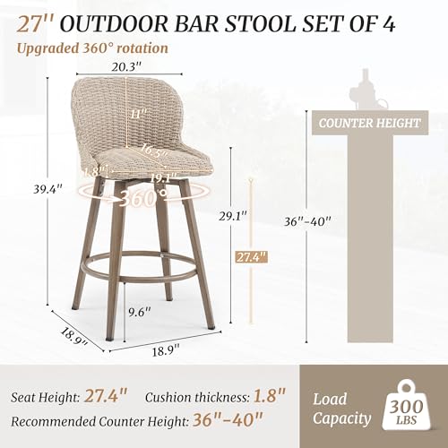 Outdoor Bar Stools Set of 4, 360° Swivel 27