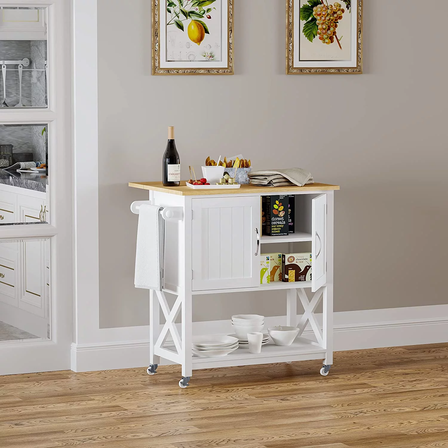 Spirich Home Kitchen Island on Wheels, Rolling Cart with Storage Cabinet, Small Kitchen Island with Drop Leaf and Towel Rack for Dining Room, White