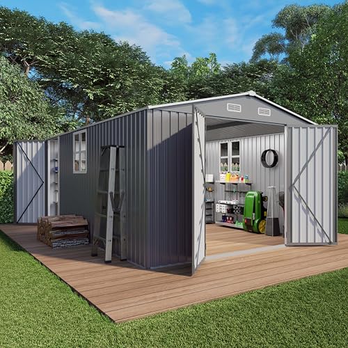 10x12x6.7FT Outdoor Storage Shed, Galvanized Steel Garden Shed with Lockable Door & Window, Waterproof Metal Tool Storage for Garden, Backyard, Patio, Lawn(Grey)