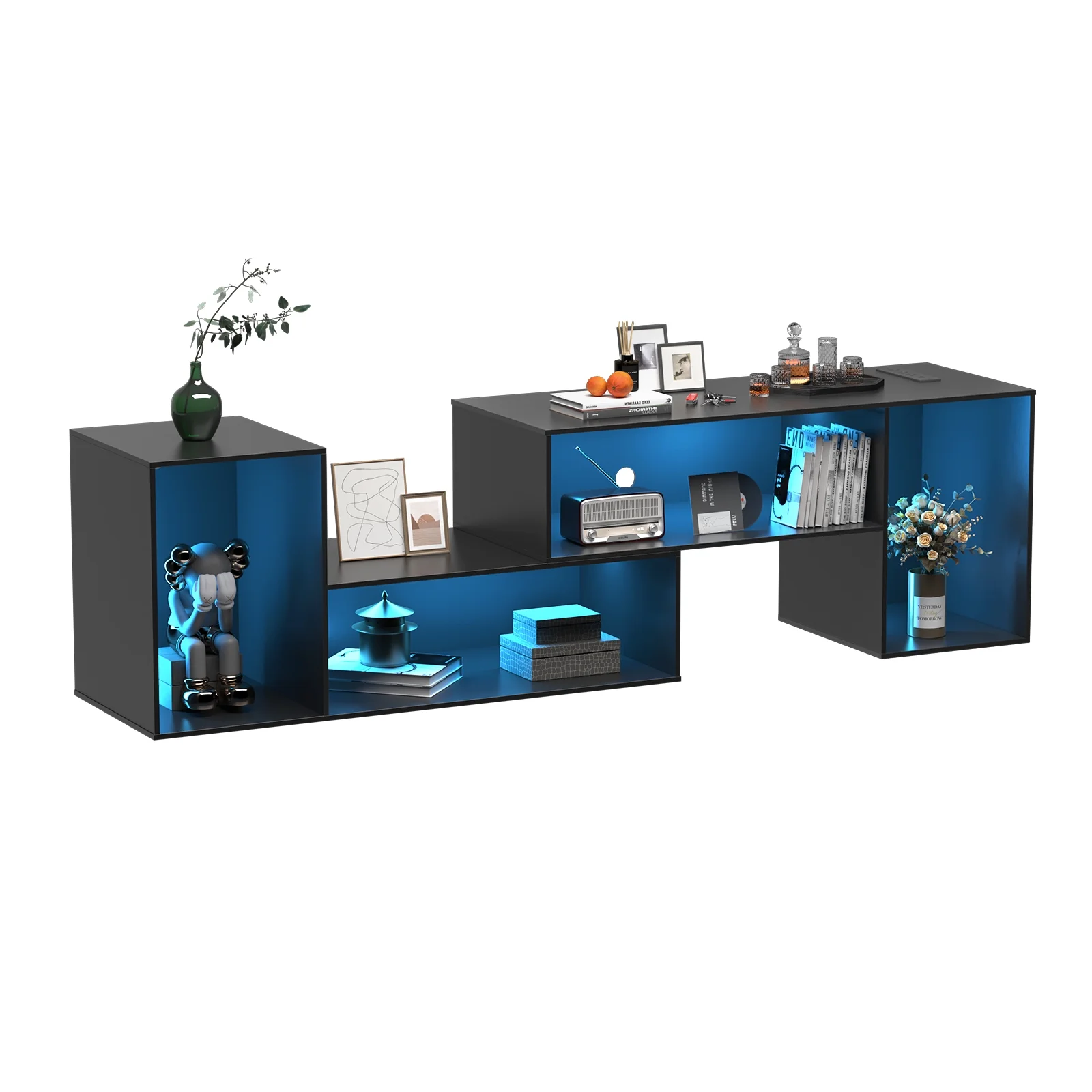 AIMEZO LED TV Stand, Modern TV Stand with Power Strip & USB Ports, Game Console Entertainment Center with Storage Shelves and Media Layers for 70 Inches TVs (Black)