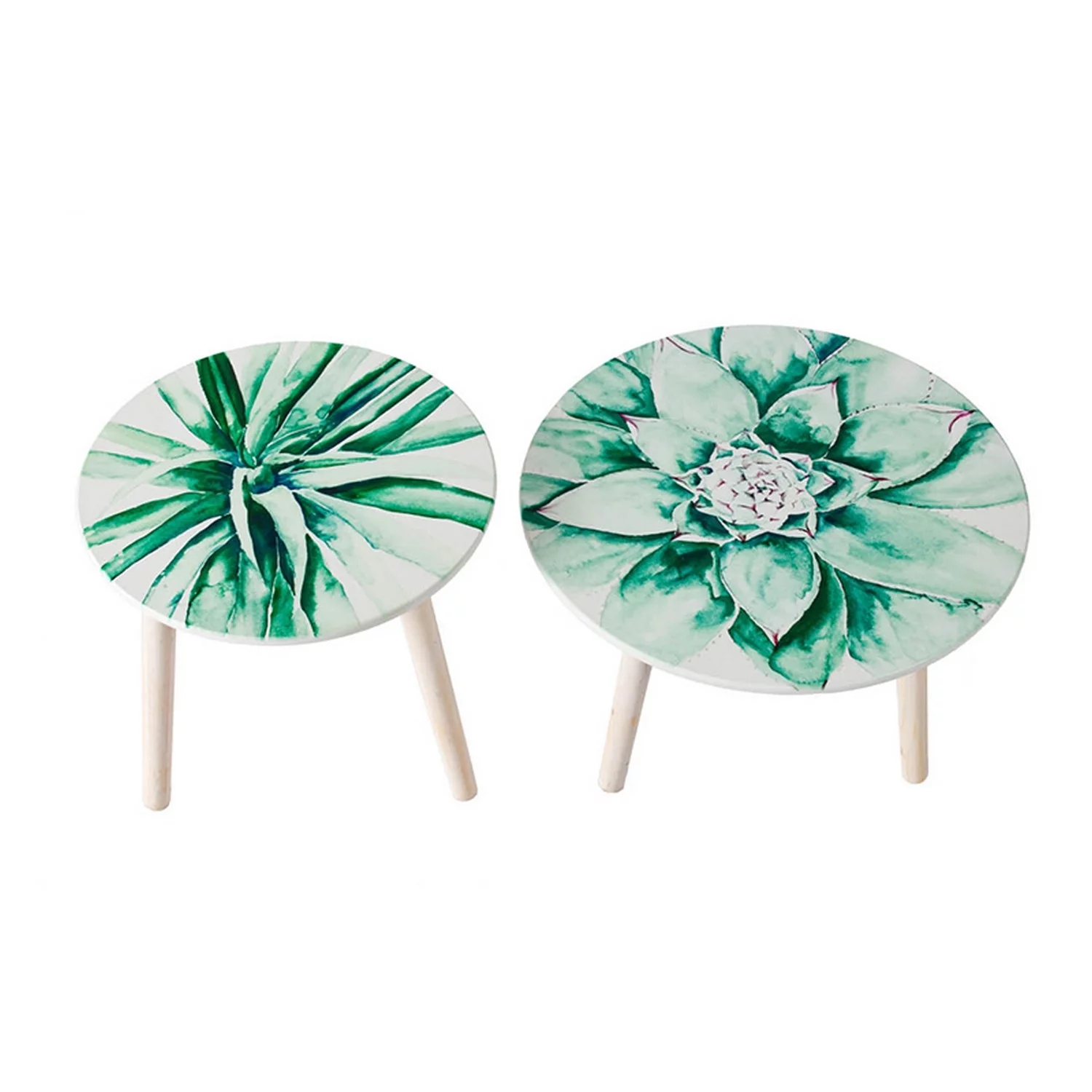 20 Inch Modern Wood Side Tables, Watercolor Print, Set of 2, Green, White- Saltoro Sherpi
