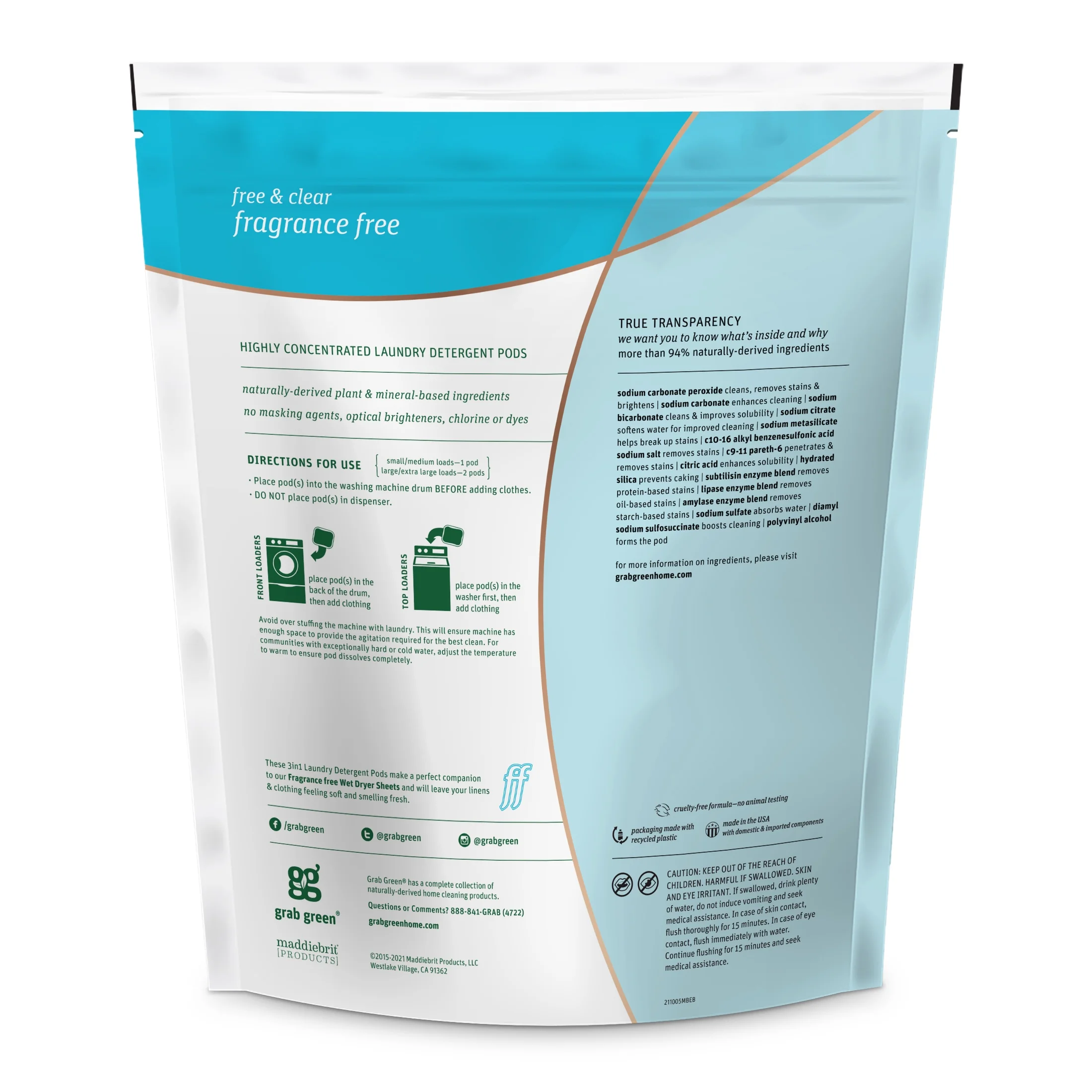 Grab Green 3-in-1 Laundry Detergent Pods, 60 Count, Fragrance Free, Plant and Mineral Based, Superior Cleaning Power, Stain Remover, Brightens Clothes