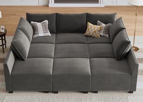 HONBAY Velvet Sectional Sofa Couch with Storage - Modular Sleeper for Living Room, Grey