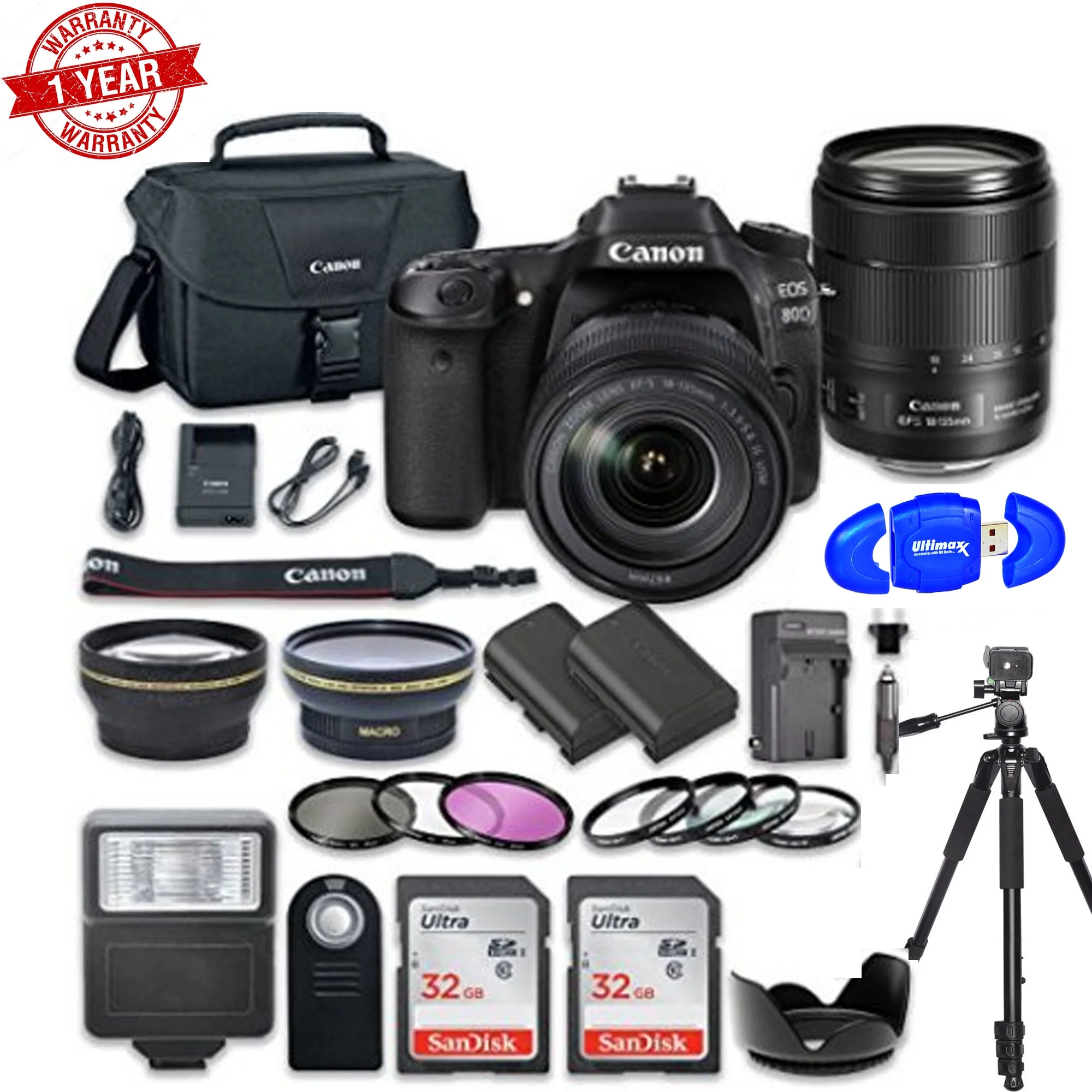 Canon EOS 80D Wi-Fi Full HD 1080P Digital SLR Camera w/ EF-S 18-135mm f/3.5-5.6 IS STM Lens + 2pc SanDisk 32GB Memory Cards + Accessory Kit
