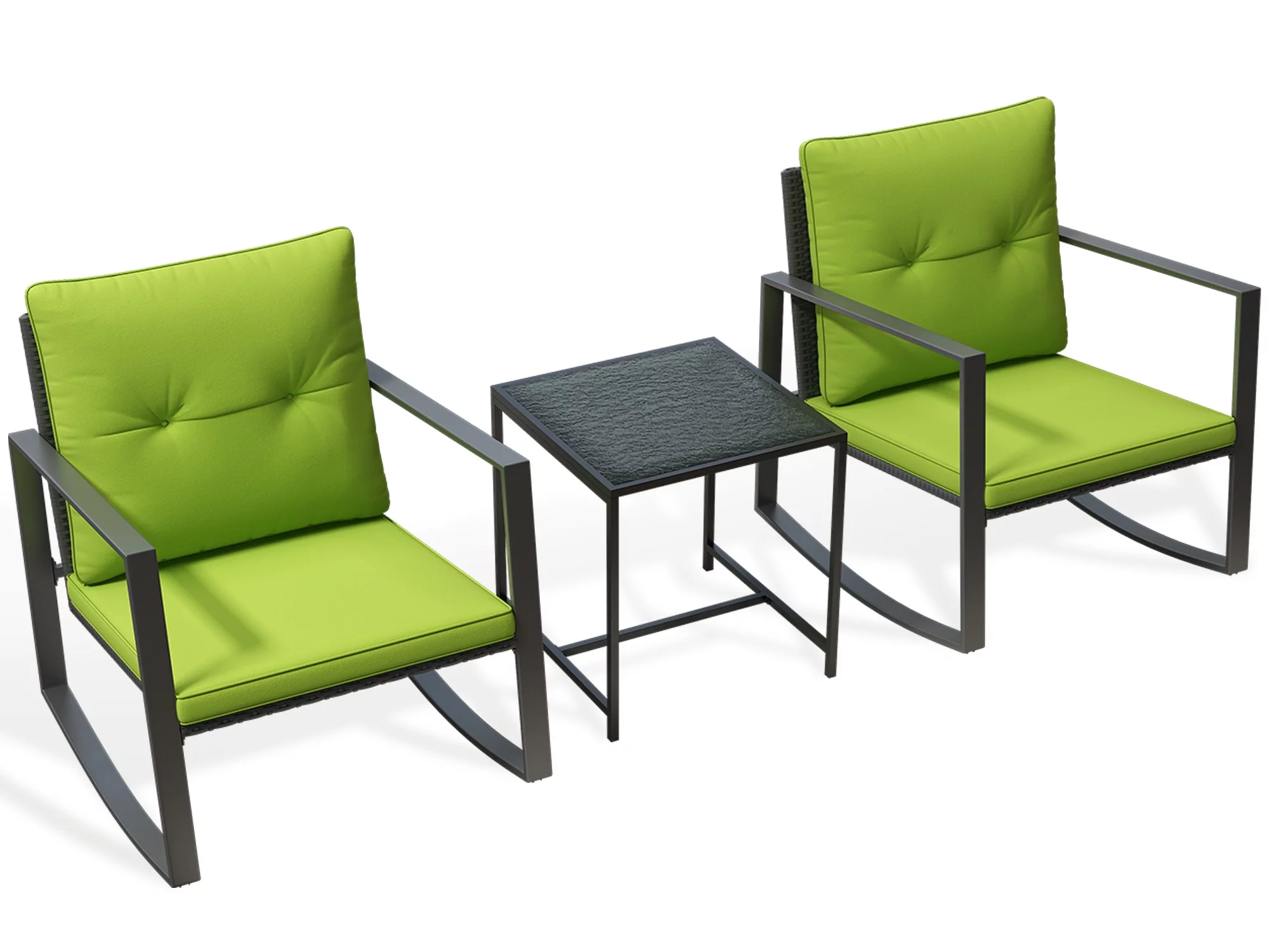 Layla 3-Piece Outdoor Cafe Bistro Furniture Set -2 Moton Chairs And A Glass Table - Green