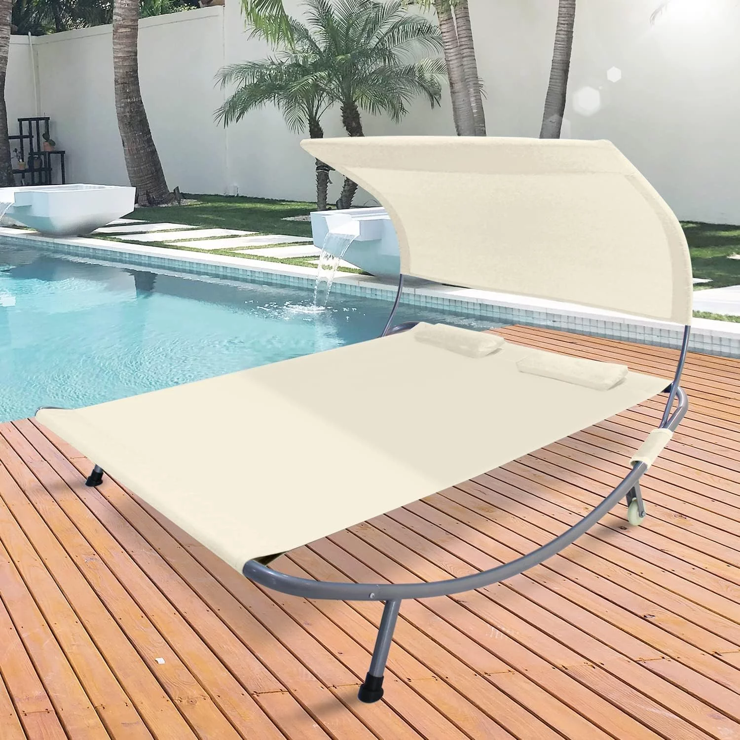 COVERONICS Patio Double Chaise Lounge Bed with Canopy,Headrest Pillow and Wheels,Portable Outdoor Hammock Bed for Patio, Yard, Pool (Beige)