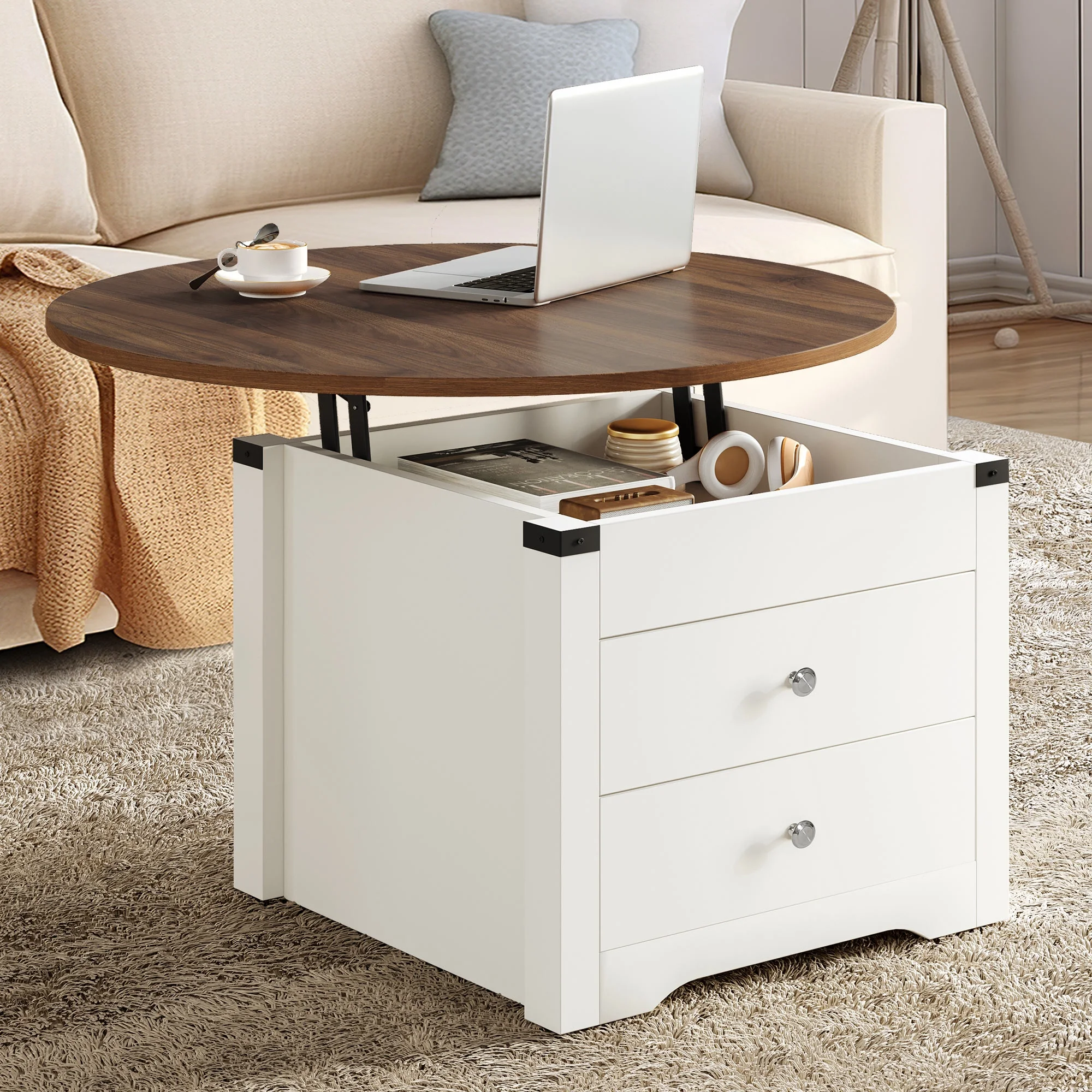 DWVO Farmhouse Lift Top Coffee Table with Storage, Round Center Table for Living Room, White and Walnut