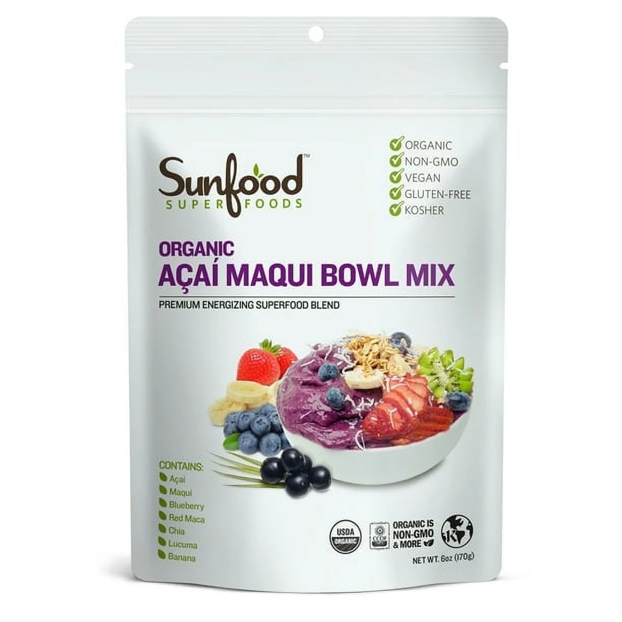 SunFood Organic Acai Maqui Bowl Mix Gluten Free -- 6 oz Pack of 3