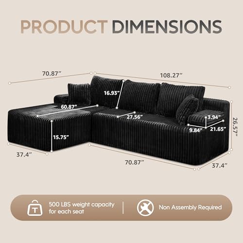 Modular Sectional Sofa Couches L-Shape Couch 3 Seat Modular Sofa Memory Foam Sectional Couches for Living Room, Cloud Couch with Oversized Chaise (Grey, Stripe (Right Facing Chaise))