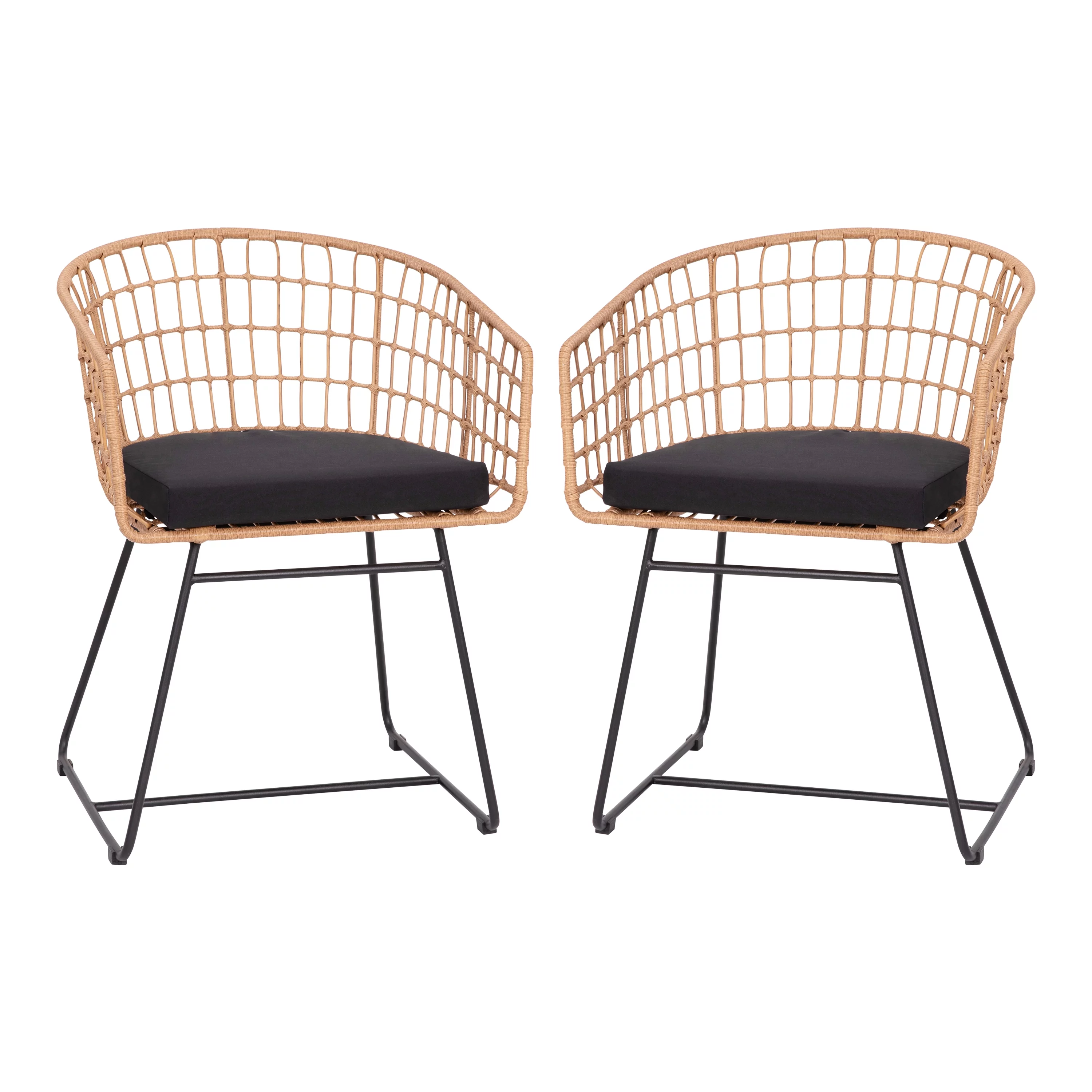 BizChair Set of 2 Indoor/Outdoor Patio Boho Club Chairs, Rope with Natural PE Wicker Rattan, Black Cushions and Sled Base