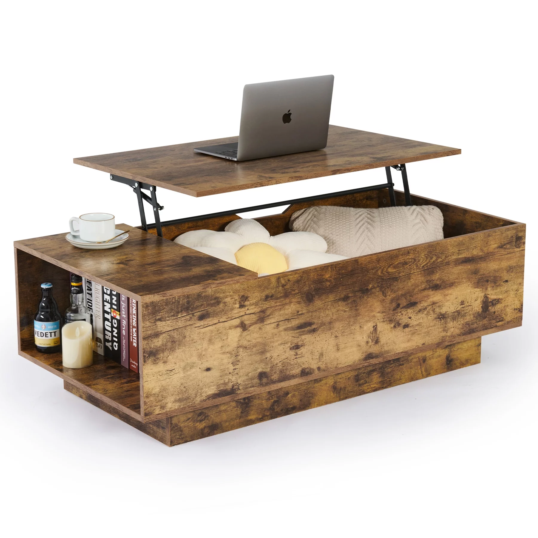 Bestco Lift Top Coffee Table with Storage Compartment for Living Room More Rustic Brown