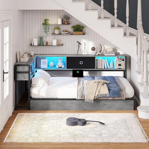 Hasuit Corner Bed Frame with Storage Bookcase, Twin Daybed with Storage Drawers Underneath, Kids Bed Unit with Charging Station and LED Light, Black & Gray Modern Bed Frame Twin Size