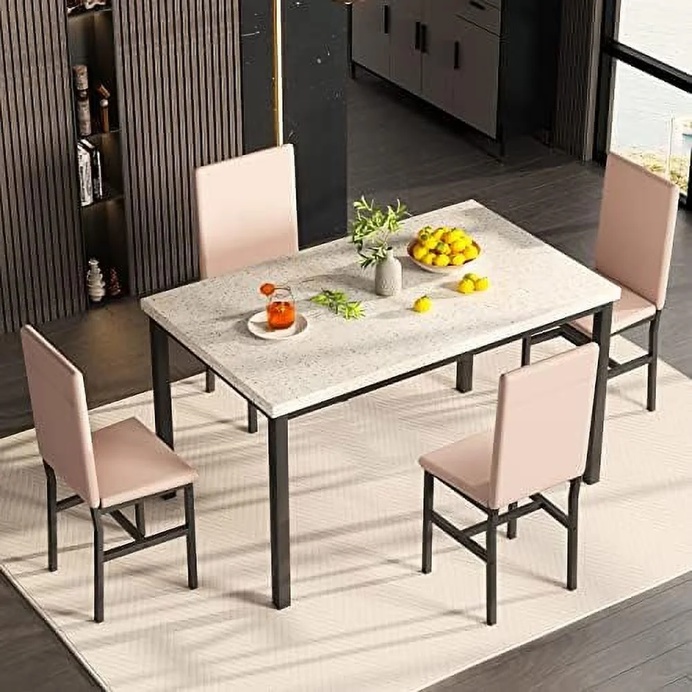 HJZBNONE 5-Piece Faux Marble Kitchen Table & Chair Set  4 PU Metal Frame Chairs for Small  Modern Compact Space for Home  Breakfast Nook Cafeteria Dining Room w/ Racks  01 Coffee