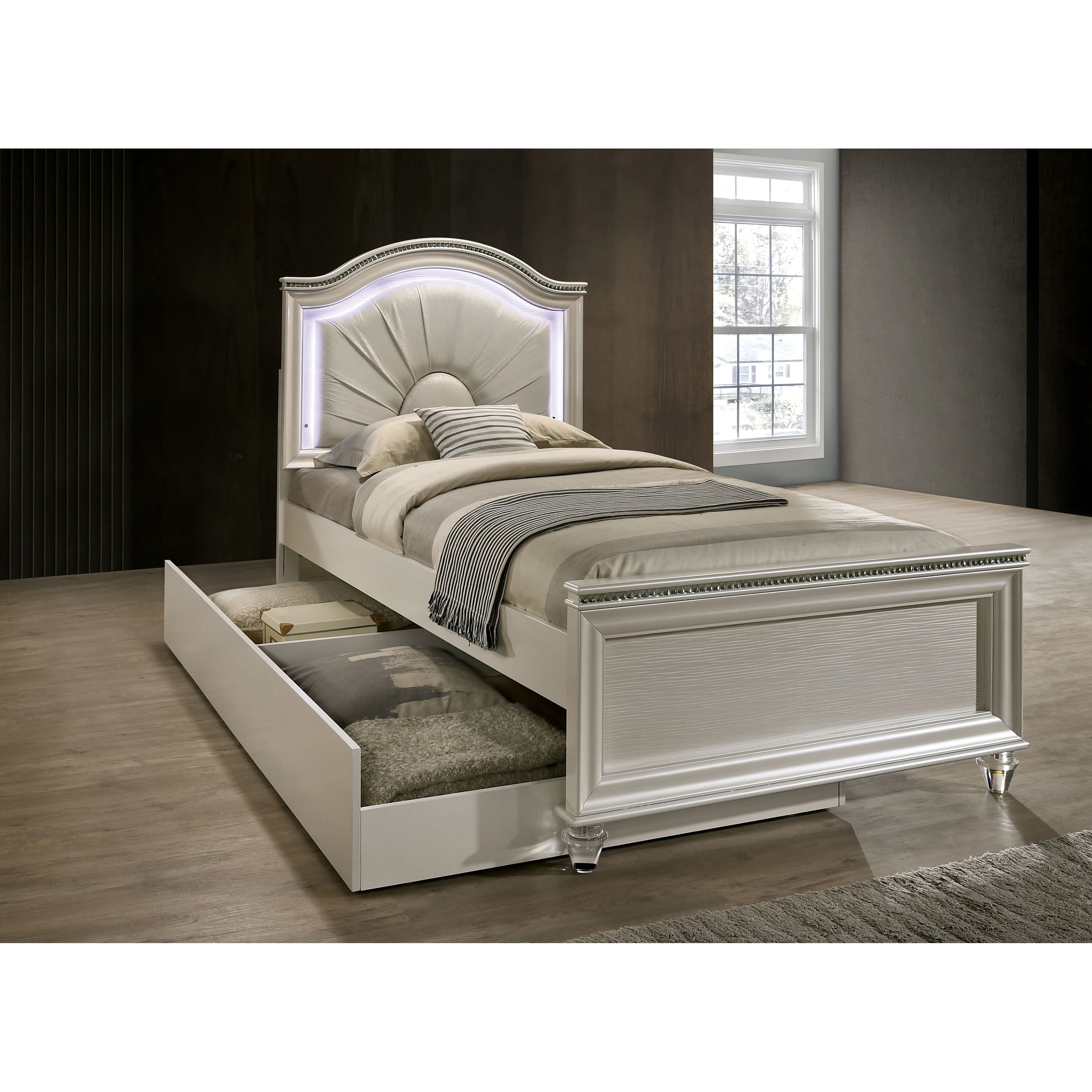 Silver Orchid  Avery Glam Pearl White Upholstered Panel Bed Full