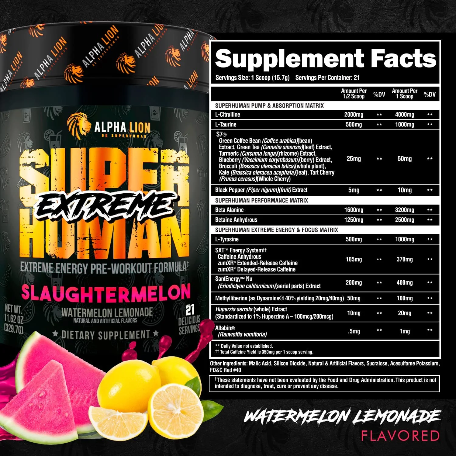 ALPHA LION Superhuman Extreme, Extreme Energy Pre-Workout Formula, Intense, Sustained Energy and Focus, Elevated Nitric Oxide, Maximum Pumps & Nutrient Delivery (21 Servings, Slaughtermelon)