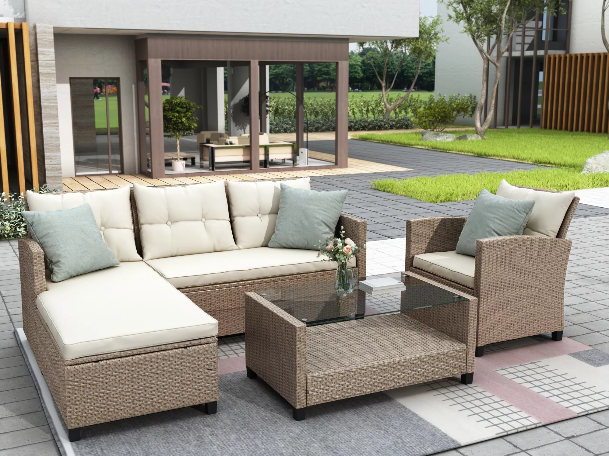 Dcenta Living room, Outdoor, Patio Furniture Sets, 4 Piece Conversation Set Wicker Rattan Sectional Sofa with Seat Cushions, Beige Brown