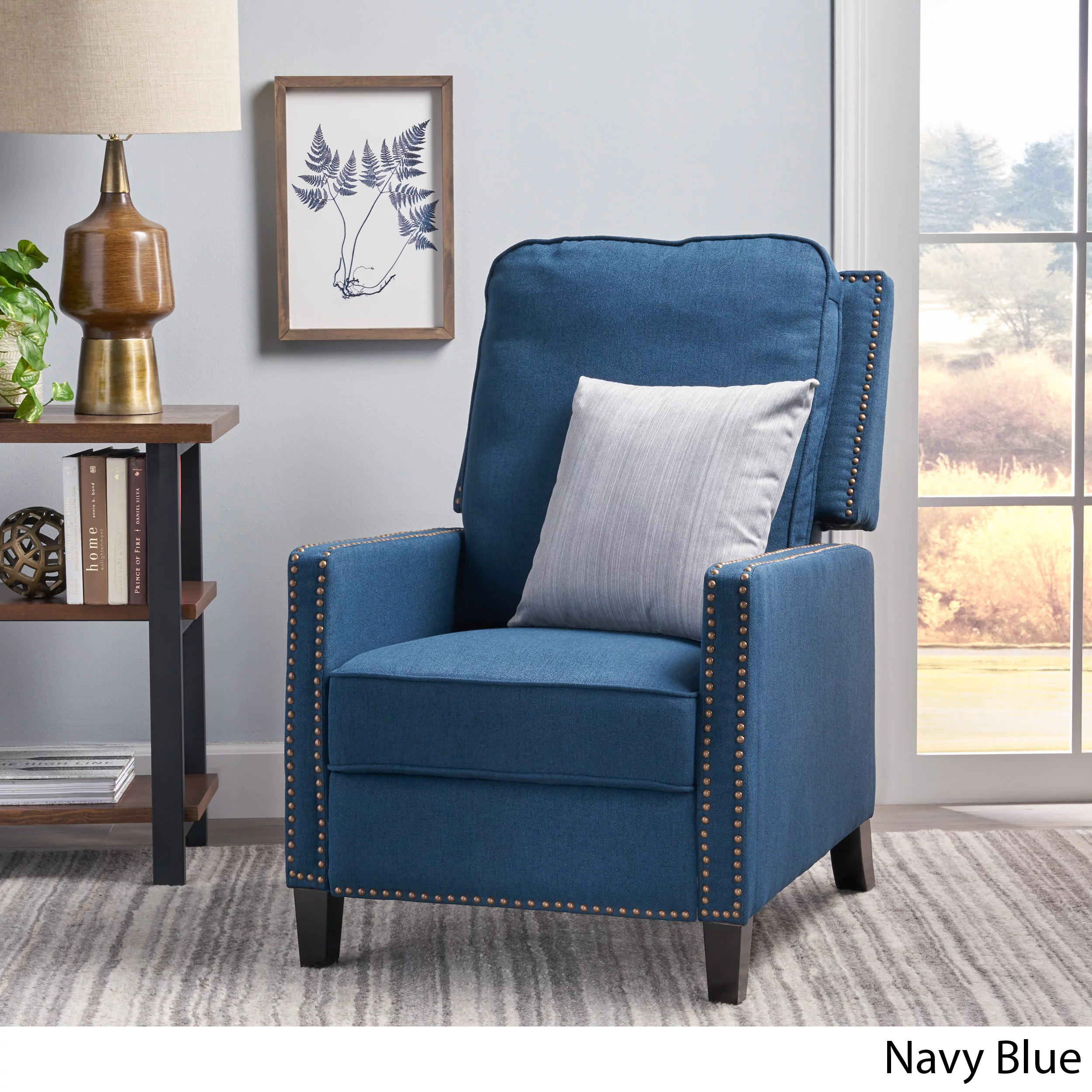 Noble House Celia Traditional Fabric Recliner, Navy Blue