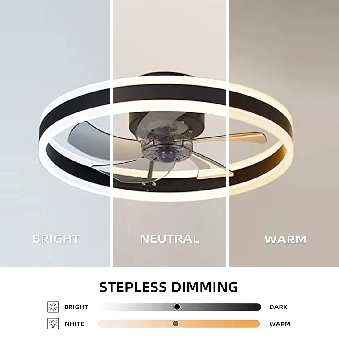 Sand black Modern Low Profile Ceiling Fan with Light, Bladeless Flush Mount Gold Fan Lights Ceiling Fixtures for Living Room, Kitchen, Small Room