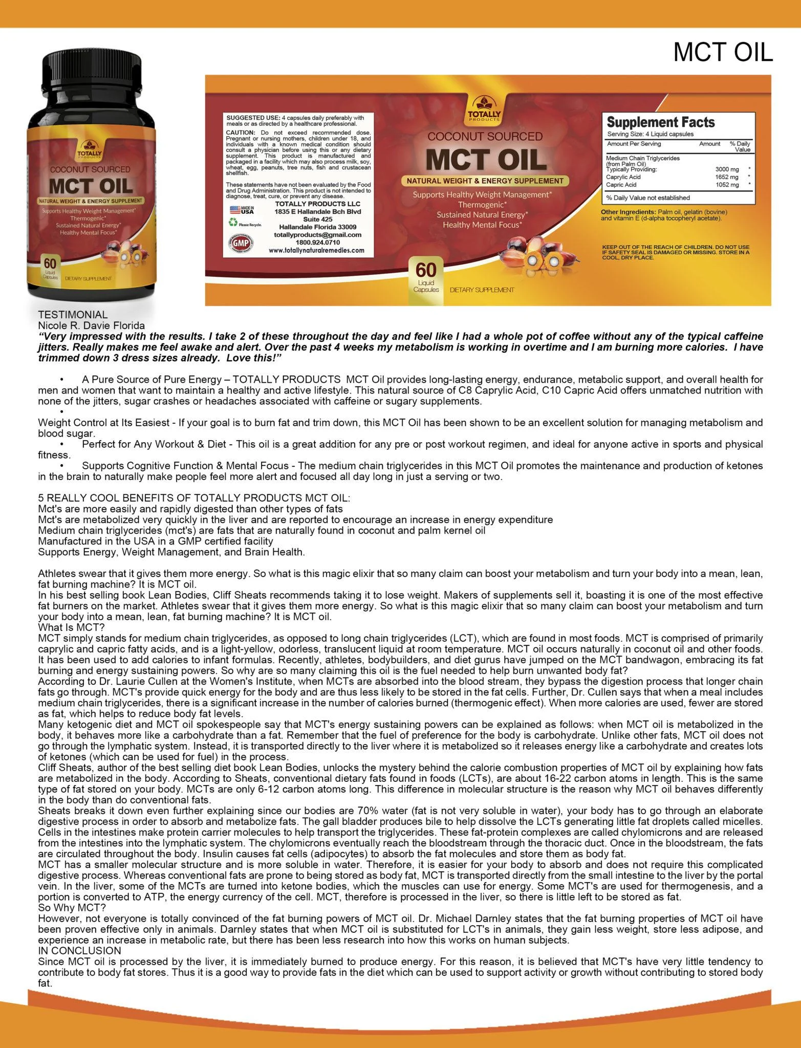 Totally Products Premium MCT OIL 3000mg for Energy and Weight Management (60 Softgels) - 2 Bottles
