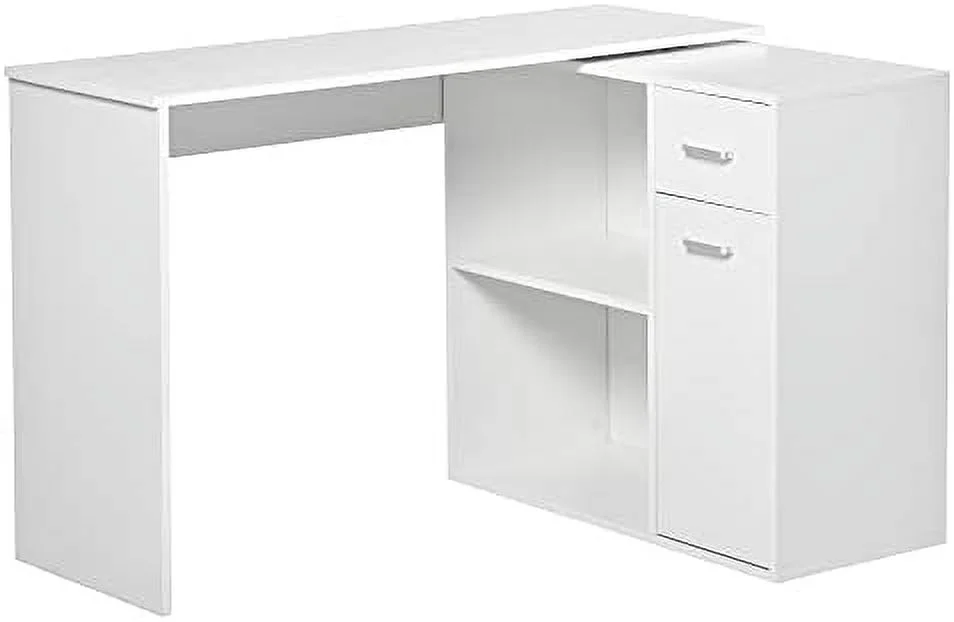 CCBIUOMBO L Shaped Computer Desk  180° Rotating Corner Desk with  Shelves  Drawer and Cabinet  Study Workstation for Home Office  White