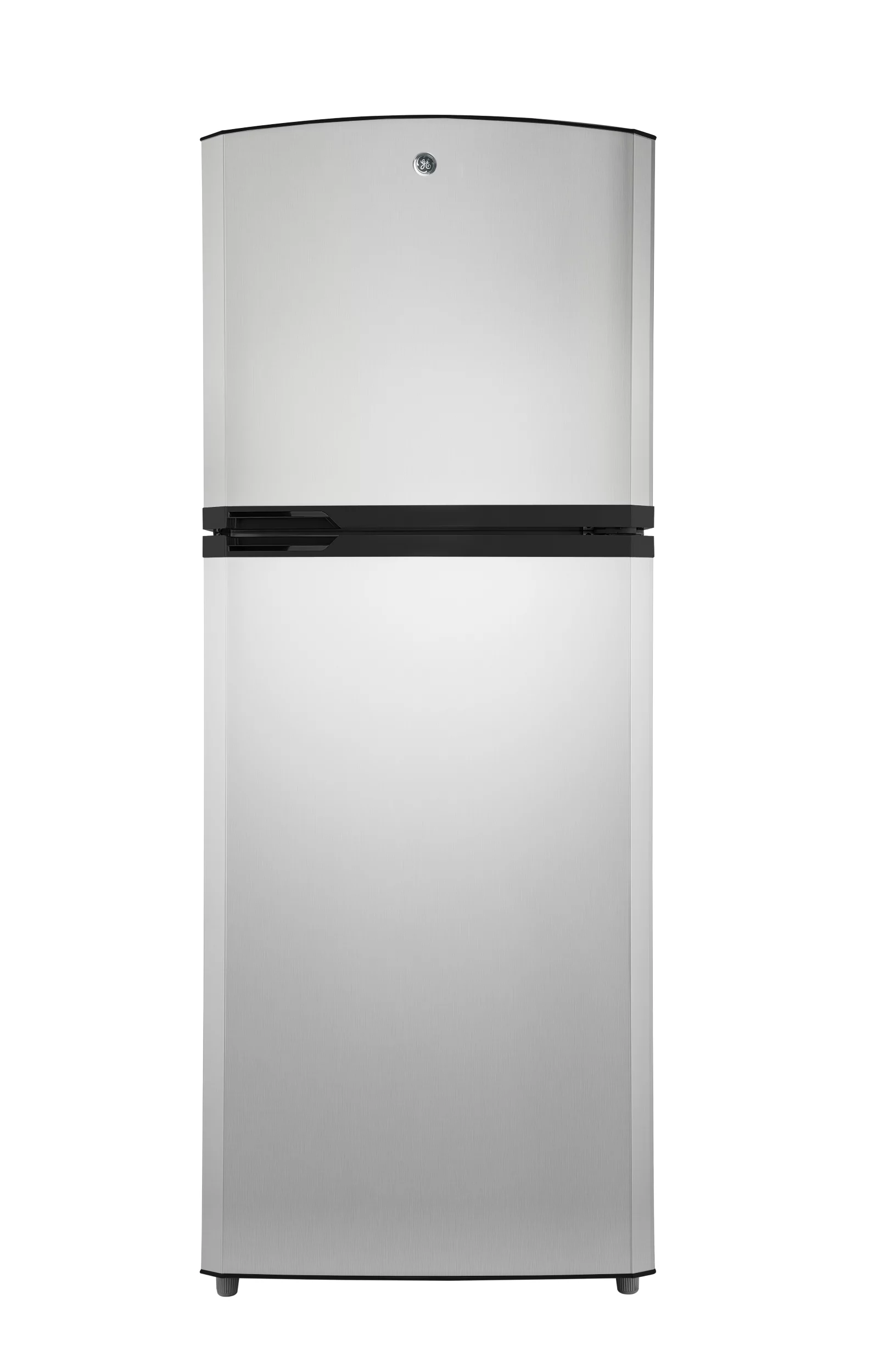 General Electric GE® 14.0 cu. ft. Top-freezer Refrigerator model RGEC036VUSX0 in Stainless Steel, Pocket type handle, with 3 temper glass grills. Dimension: Length 30.8 / width 29.3 / Height 73.3