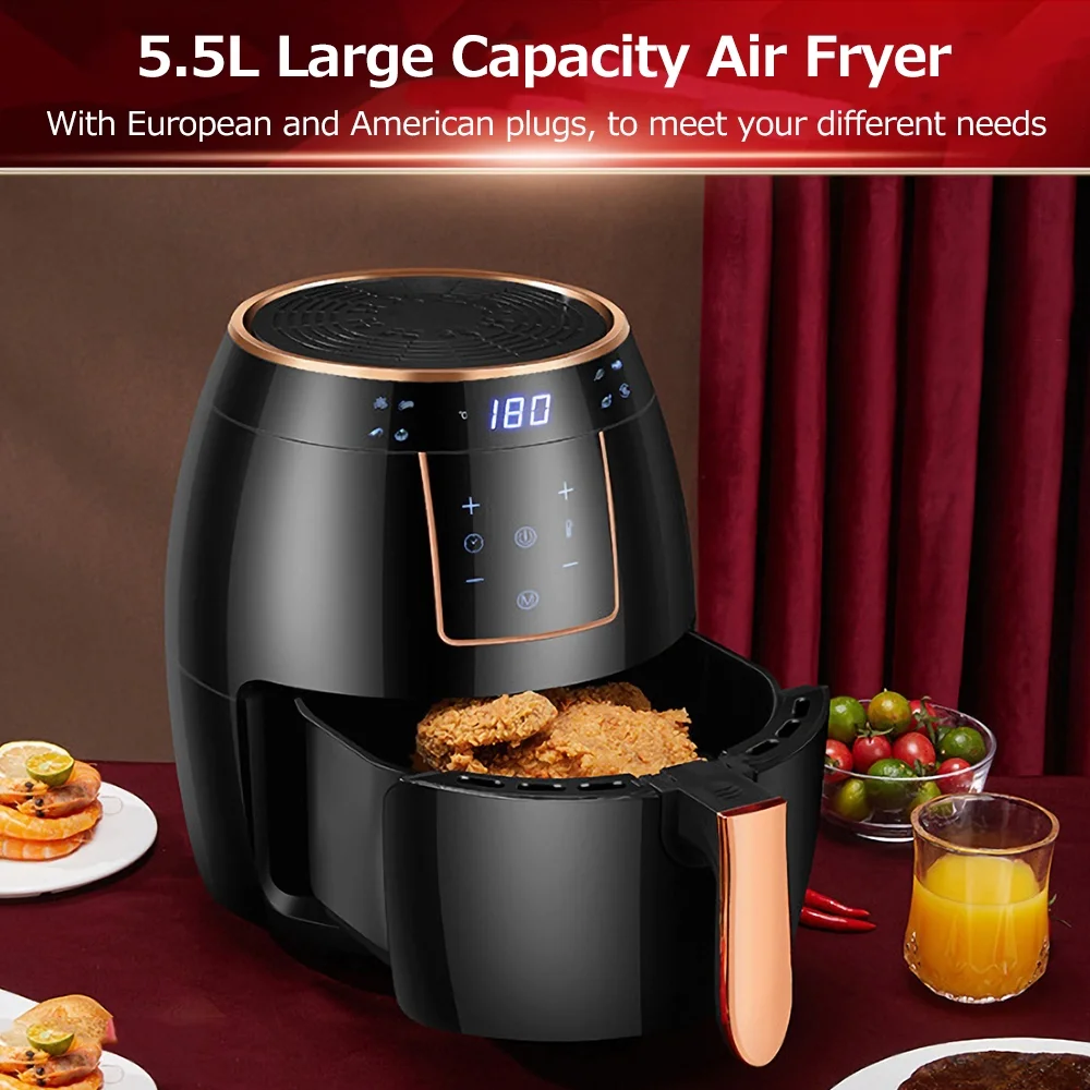 Dcenta Air Fryer 5.5L Household Large Capacity LCD Electric Air Fryer with Bakeware, 1300W Power, Timer-Perfect for Home Cooking