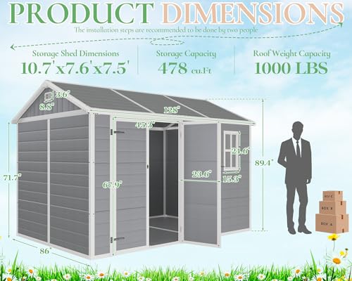 10.5x7.6x7.5 ft Outdoor Resin Storage Shed with Floor, Windows & Air Vents, Large Waterproof Tool Shed for Garden, Backyard, Lawn Equipment & Bikes, Grey