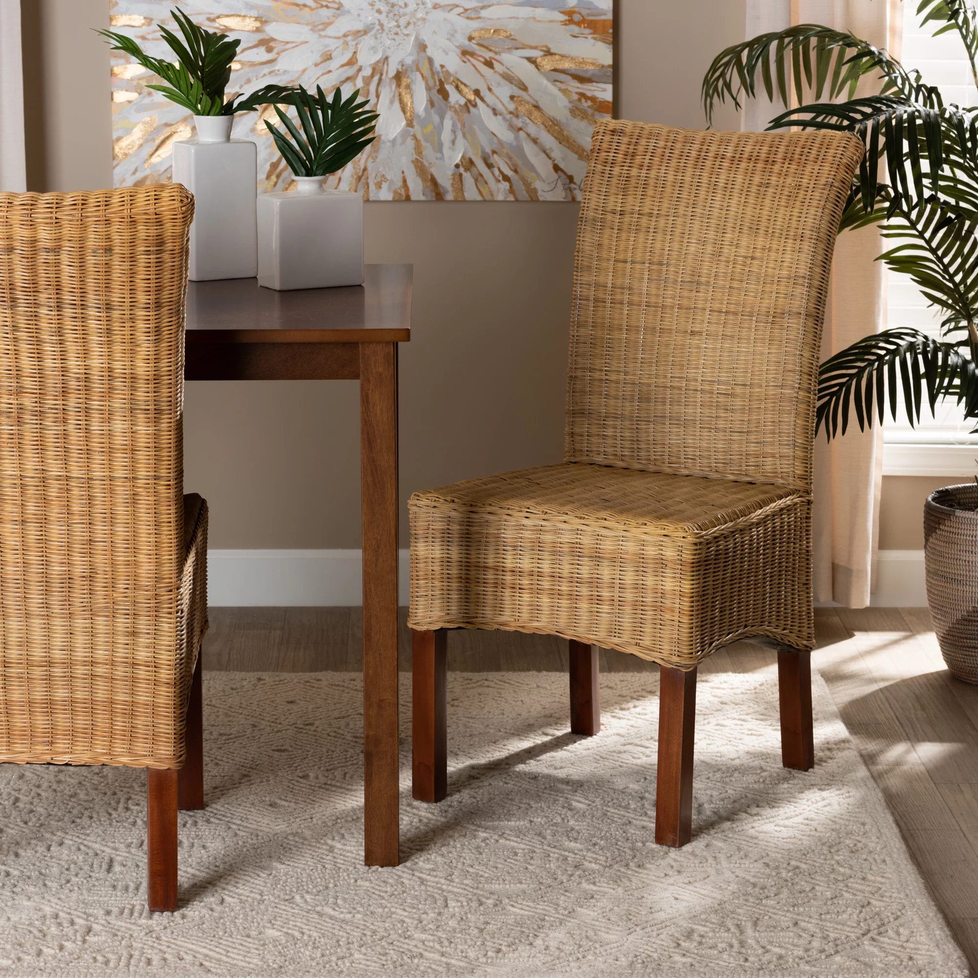bali & pari Shamara Modern Bohemian Natural Rattan and Mahogany Wood Dining Chair