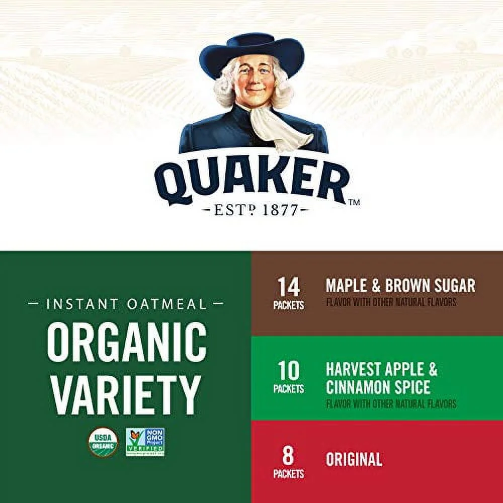 Quaker Instant Oatmeal, USDA Organic, Non-GMO Project Verified, 3 Flavor Variety Pack, Individual Packets, 32 Count