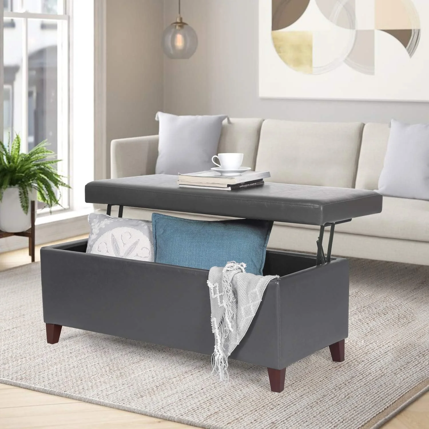 Storage Bench Ottoman Footstool- Lift Top Coffee Table Ottoman- Gray Faux Leather Ottoman With Storage- End Of Bed Bench For Living Room And Bedroom
