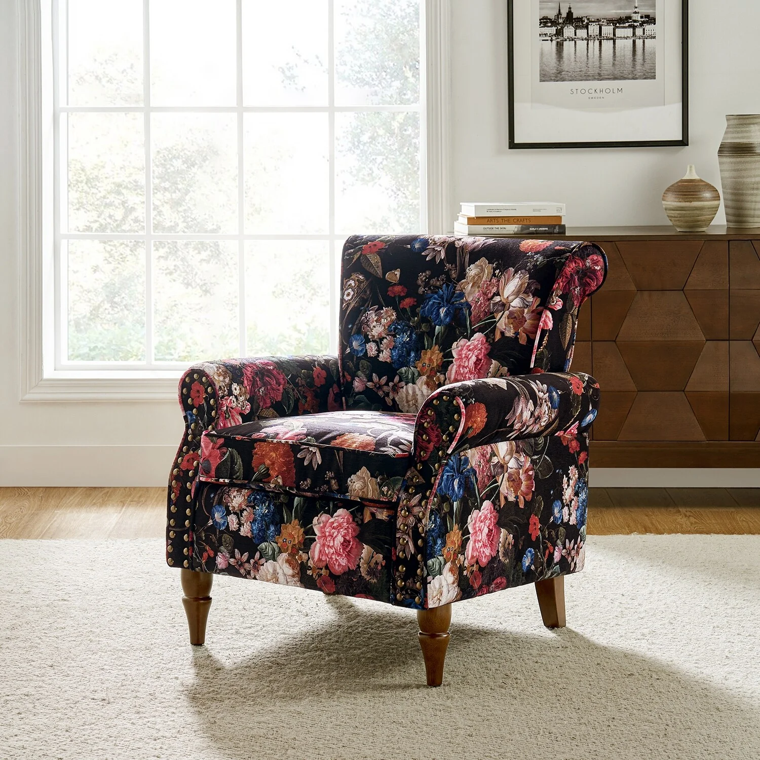 HULALA HOME Avelina Nailhead Trim Comfy Accent Armchair with Rolled Arms BLACK Floral