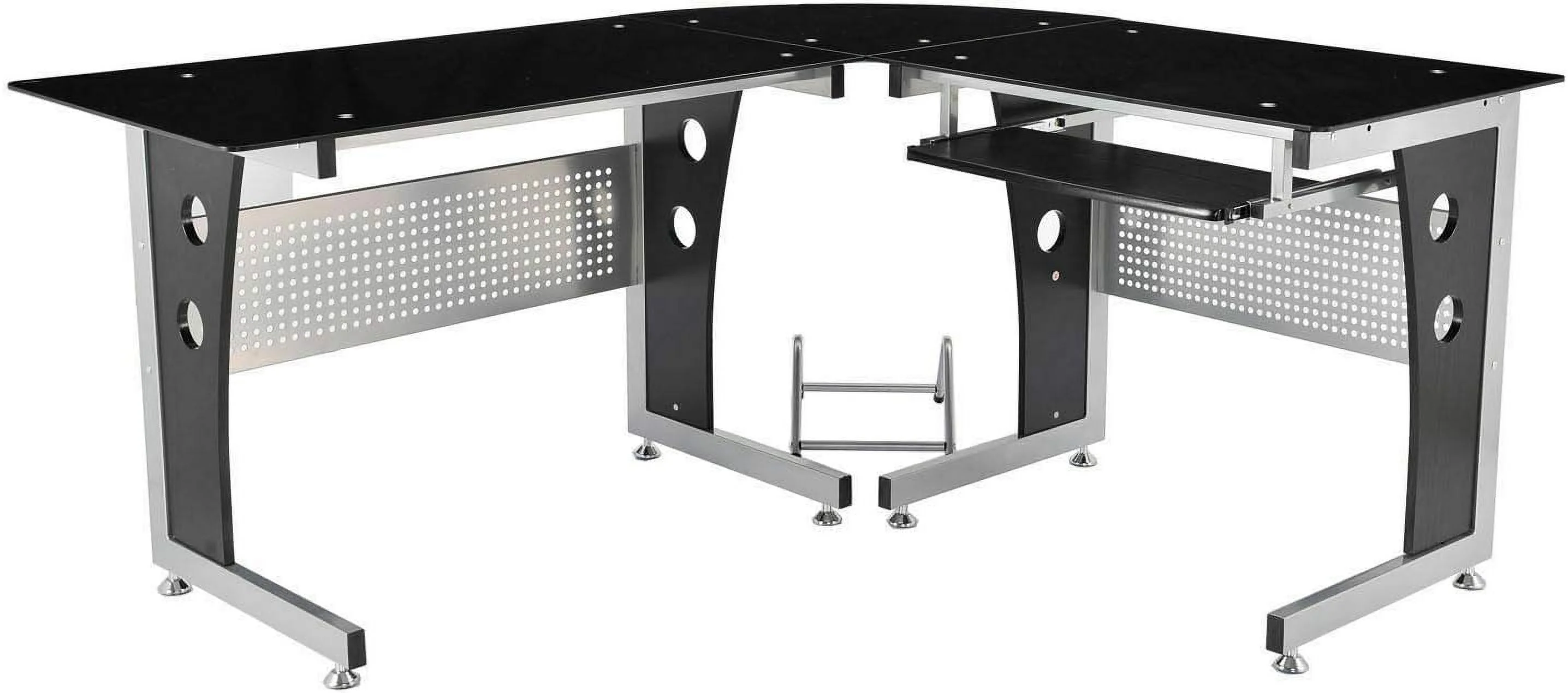 Black L-Shape Corner Tempered Glass Top Computer Desk Slide-Out Keyboard Tray CPU Tower Stand Laptop Notebook PC Workstation Study Writing Reading Gaming Table Perfect For Home Dorm Room Or Office Use