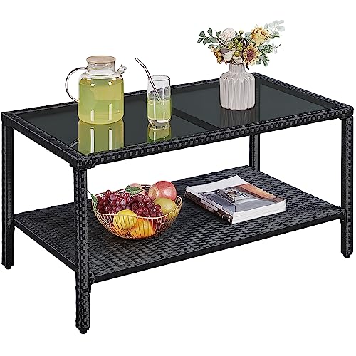Yaheetech Outdoor Wicker Coffee Side Table, All-Weather Rattan Patio Storage Furniture with Tempered Glass Top for Garden, Black