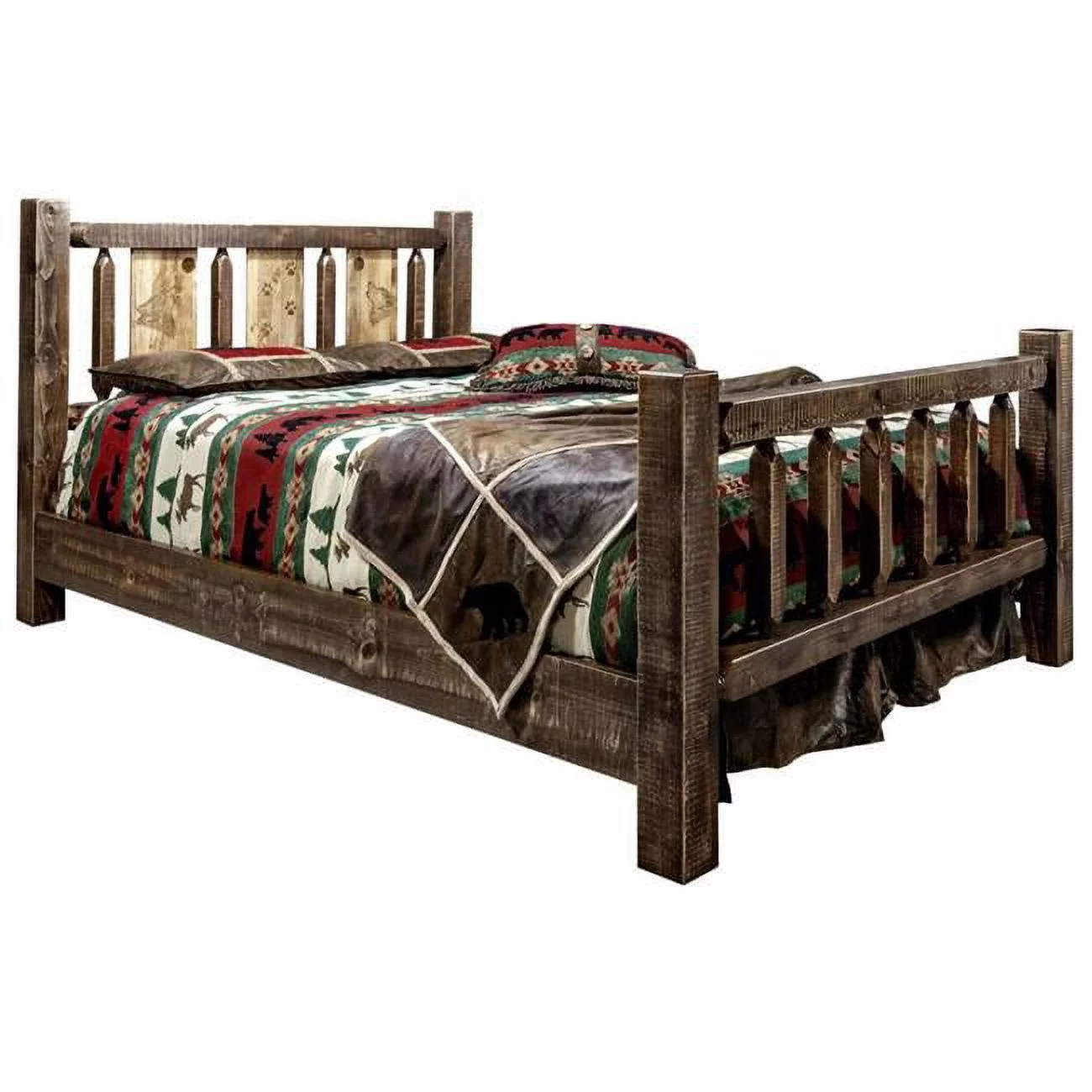 Montana Woodworks  Homestead Collection Full Size Bed with Laser Engraved Wolf Design, Stain & Clear Lacquer Finish