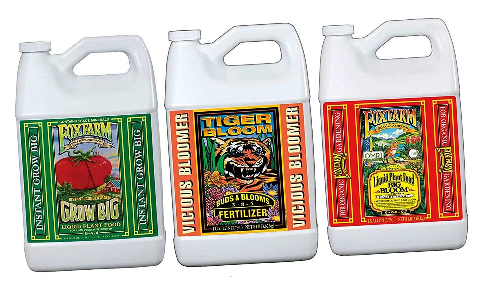 Fox Farm Liquid Nutrient Trio Soil Formula (Big Bloom, Grow Big, Tiger Bloom) 1 Gallon Each (Pack of 3-128 oz. Bottles)