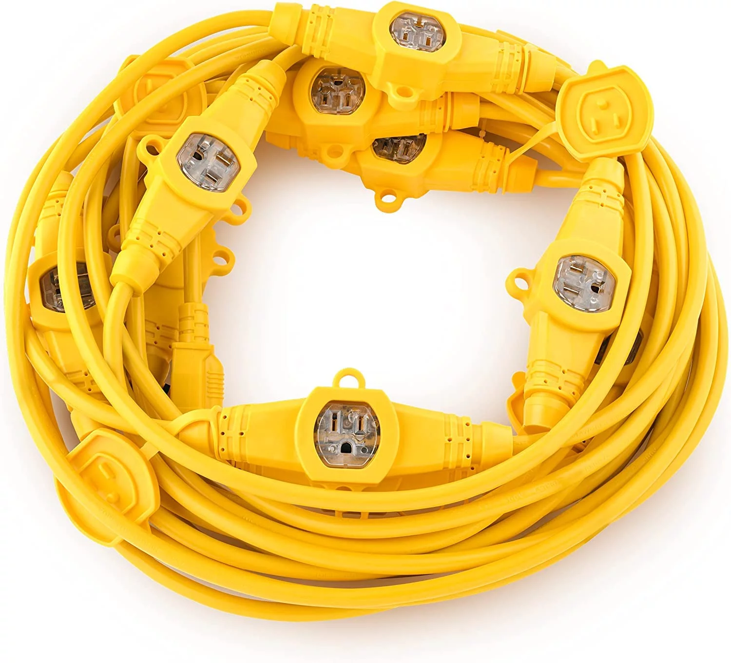 COLSEN 50FT Yellow Power Extension Cord 3 Prong 6 Nema 5-15R Female Socket - Red LED Indicator 14 Gauge SJTW Cable Male to Female Connector Stage Backlines Power Board UL Listed Multiple Plug Outlet