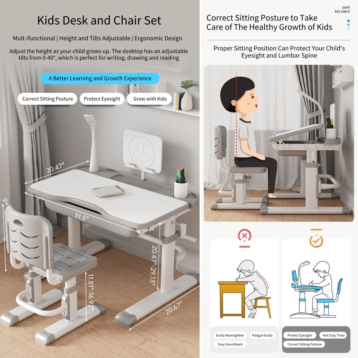 Kids Study Desk and Chair Set Height Adjustable, Ergonomic Children Study Table with Tilt Desktop, School Workstation Writing Functional Desk with Storage Drawers, LED Light, Bookstand (Gray W31.5in)