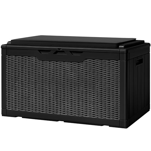 Greesum 100 Gallon Resin Deck Box Lockable Large Outdoor Storage Boxes for Garden Tools, Patio Furniture Cushions, Pool Supplies, Black