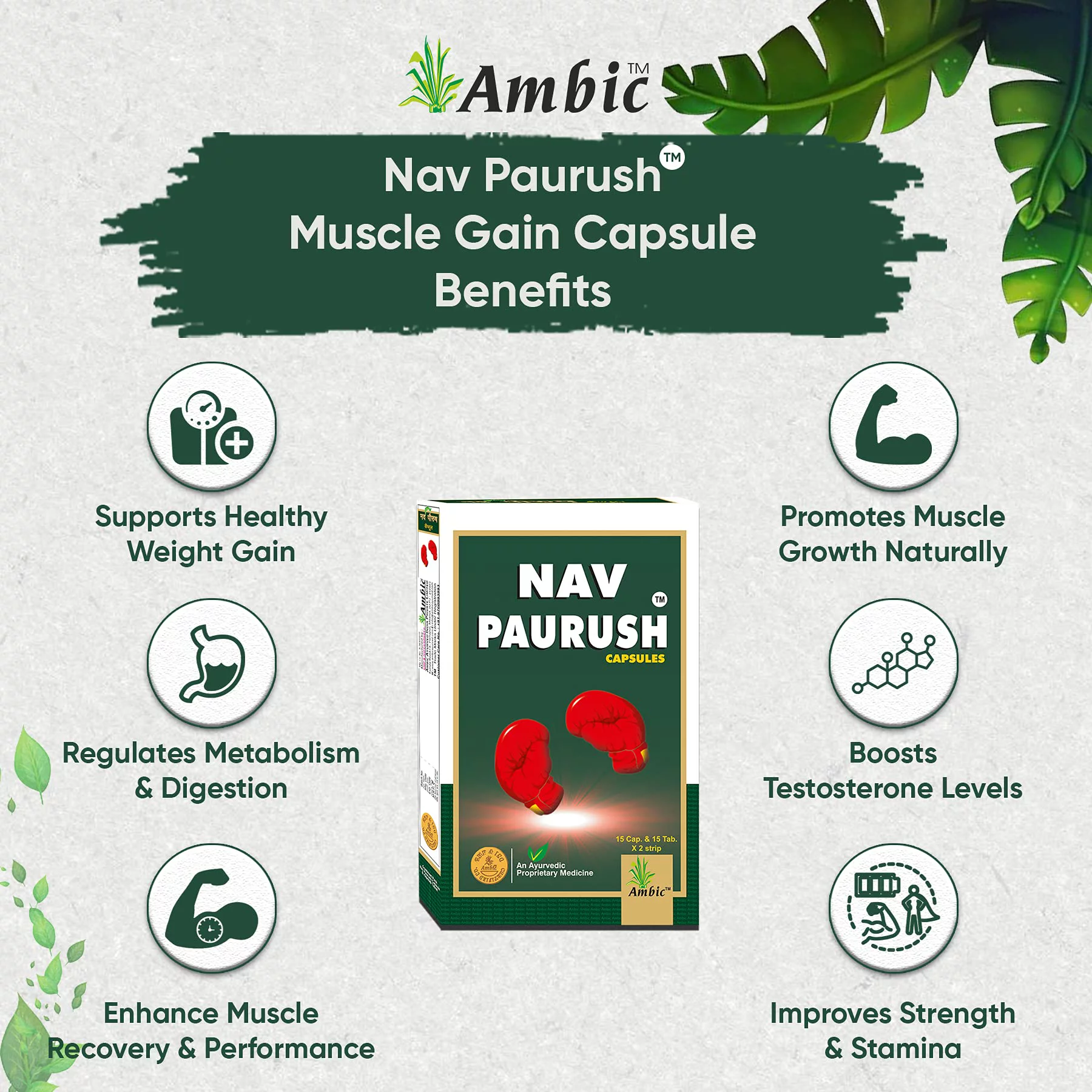 Ambic Nav Paurush Capsule - 60 (Capsule + Tablet) Each I Ayurvedic Weight Gain Capsules For Strength & Stamina I Promotes Muscle Gain Naturally (Pack Of 2)