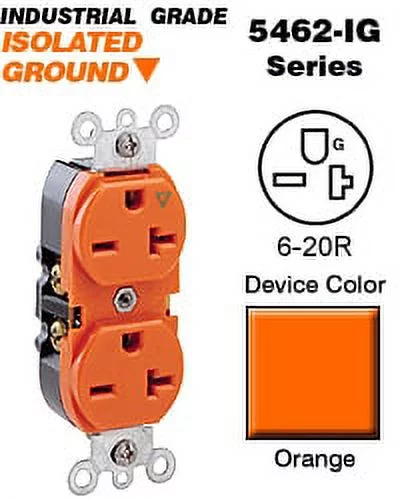 Leviton 5462-IG Duplex Receptacle Isolated Ground Industrial Grade 6-20R 20A 250V BandS Wired - Orange