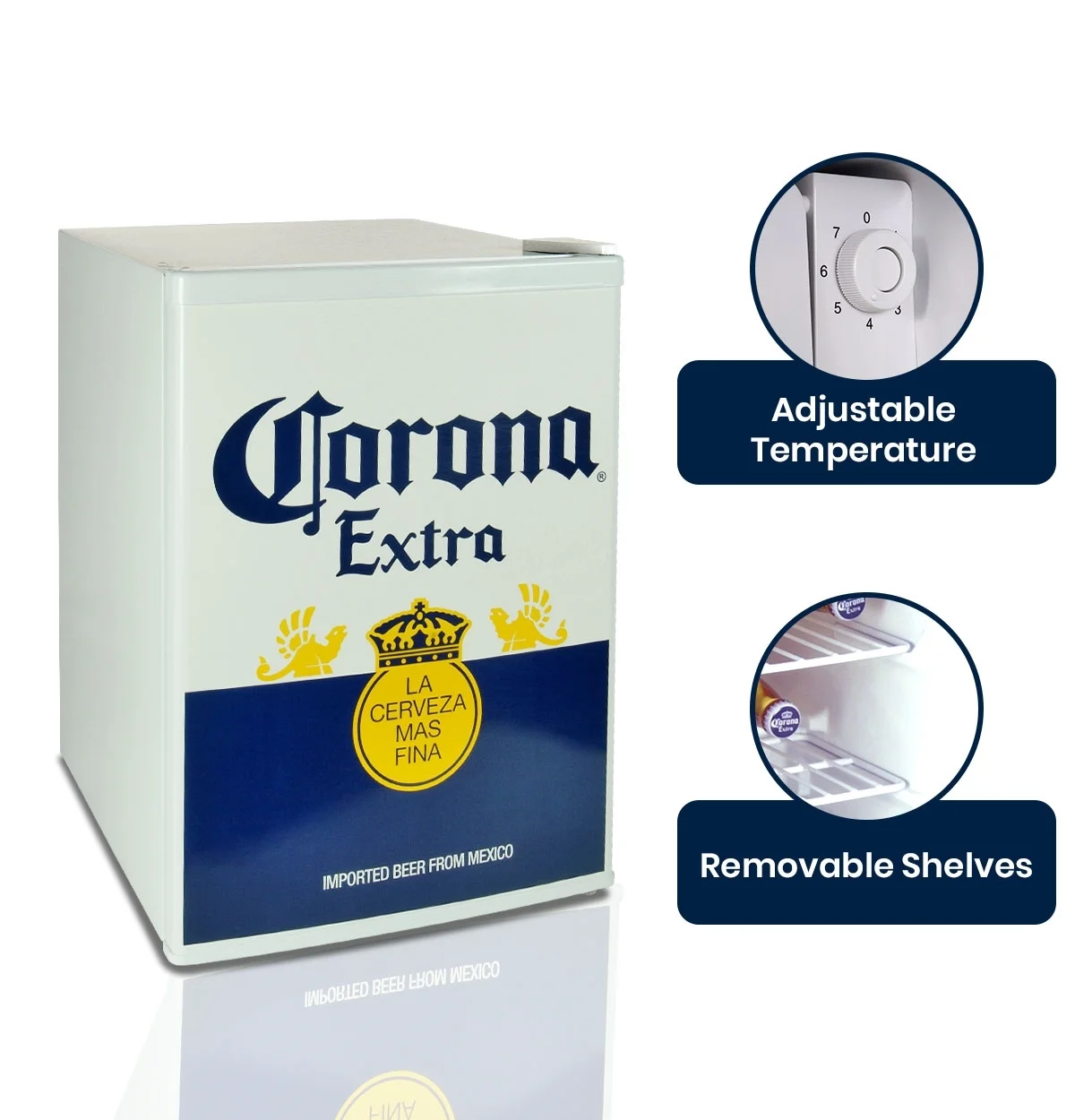 Corona Mini Beer Fridge with Freezer, 2.4 Cu. ft, 70 L for Frozen Meals, Beverages, White Blue