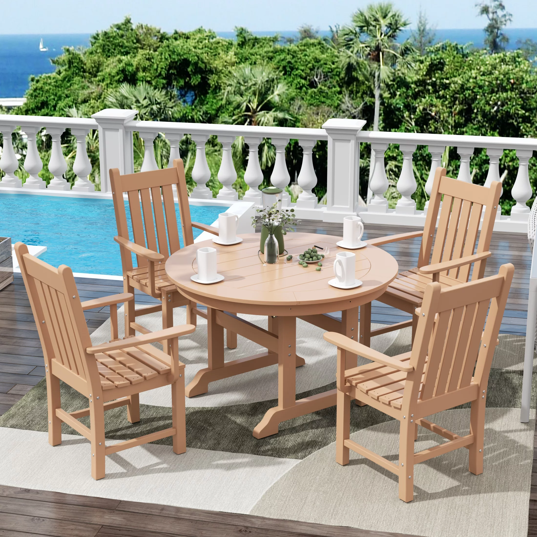 WestinTrends Malibu Classic Outdoor Dining Chairs with Arms, All Weather Poly Lumber Adirondack Patio Chairs Restaurant Bistro Chairs Support 350 LBS, Arched Backrest and Curved Seat, Teak