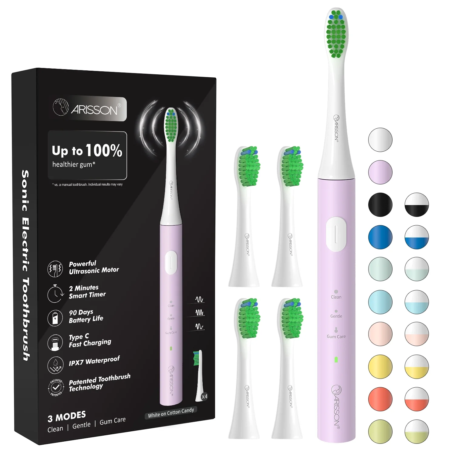 ARISSON Sonic Electric Toothbrush for Adults and Kids, 1.5H Fast Charge for 90 Days, 40,000 VPM Ultrasonic Electric Toothbrushes with 2 Mins Smart Timer, White on Cotton Candy