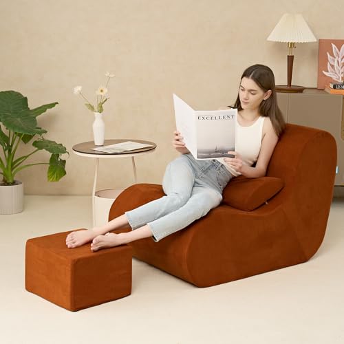 Hansleep Bean Bag Chair for Adults, High-Density Foam Reading Chair with Ottoman, Cozy Beanbag Sofa Chair with Waist Support for Living Room, Bedroom, Burnt Orange