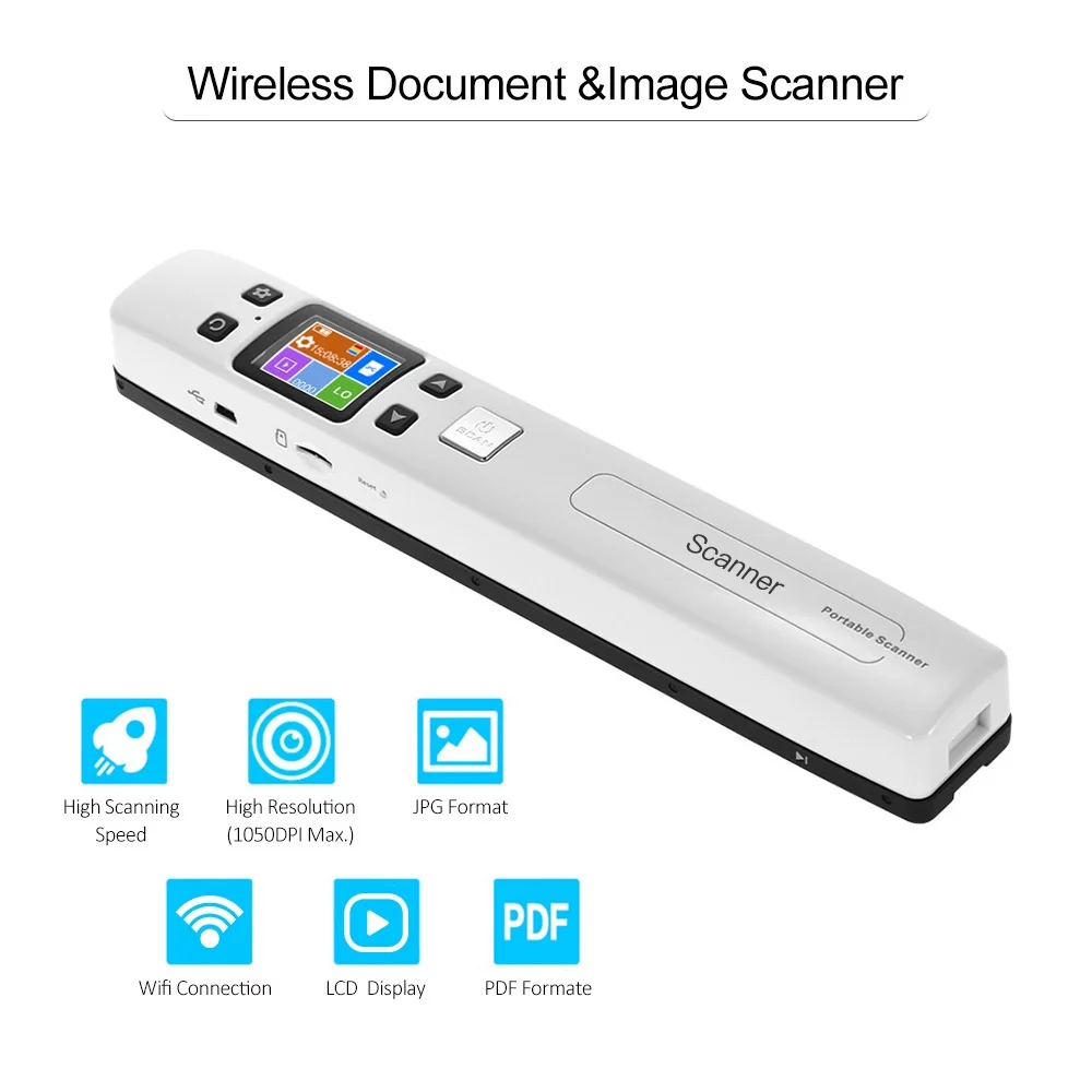 Scanner Wifi 1050DPI High Speed Portable Wand Document & Images Scanner A4 Size JPG/PDF Formate LCD Display for Business Reciepts Books
