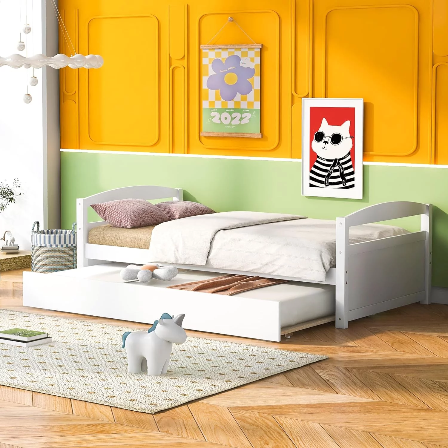 Size Daybed With Trundle, Wood Platform Bed Frame, Slats Support, White