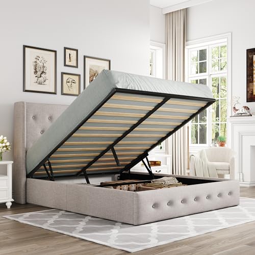 Allewie Full Size Lift Up Storage Bed, Modern Wingback Headboard, Hydraulic Support, No Box Spring Needed, Light Beige