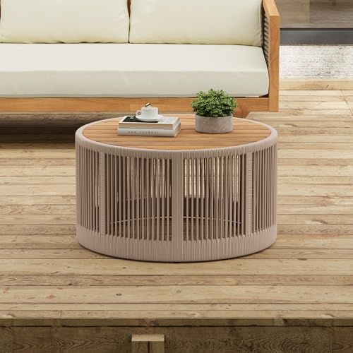 Outdoor Rattan Coffee Table with Solid Acacia Wood Tabletop, Patio Round Coffee Table Side Table (Grey)