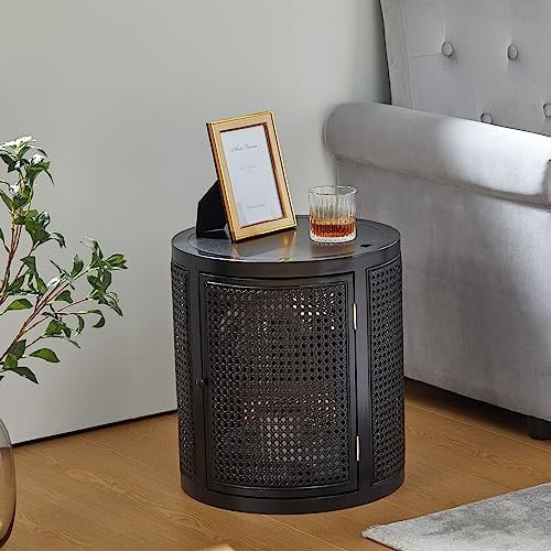 xrboomlife Rattan Round Coffee Table  Black 3 Tier Side End Table with Door  Small  Bedside Table for Home Living Room Bedroom Patio and Office Outdoor/Indoor (Black)